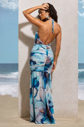 White Print Halter-Neck Chiffon Fishtail Maxi Dress